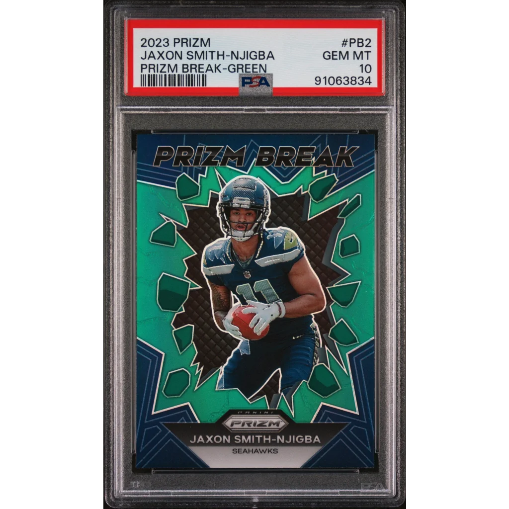 Green and blue Jaxon Smith-Njigba Prizm Break Football Card PSA 10 Gem Mint