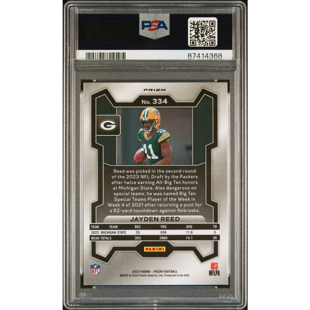 Graded 2023 Panini Prizm Jayden Reed #334 Lazer Rookie RC Football Card PSA 10 Gem Mint | PSA 10 Gem Mint Graded Rookie Card | vintageantiquesgifts.com
