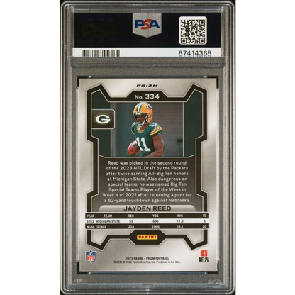 Graded 2023 Panini Prizm Jayden Reed #334 Lazer Rookie RC Football Card PSA 10 Gem Mint | PSA 10 Gem Mint Graded Rookie Card | vintageantiquesgifts.com