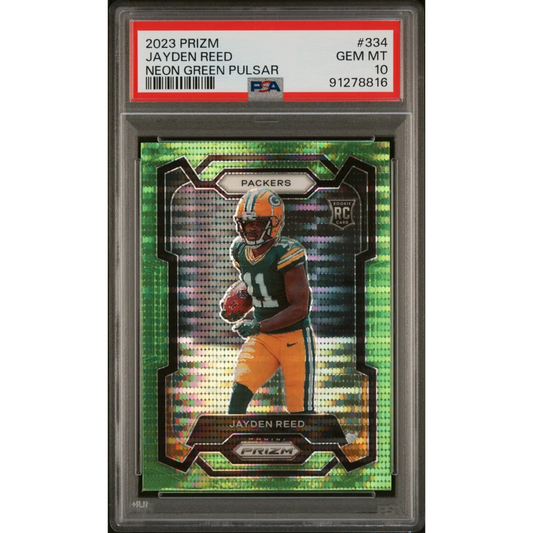 2023 Prizm Jayden Reed Neon Green Pulsar football card graded GEM MT 10