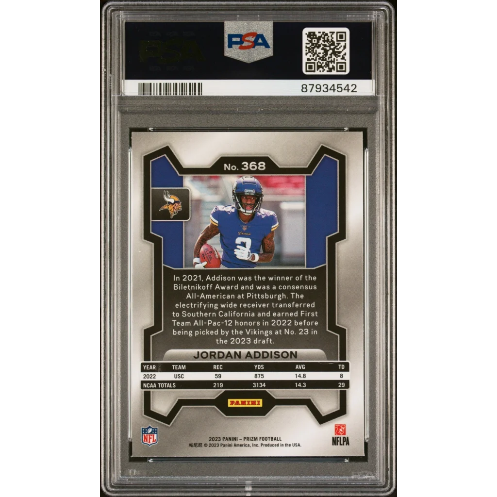 Encased Jordan Addison rookie football card PSA graded by professional sports authenticator