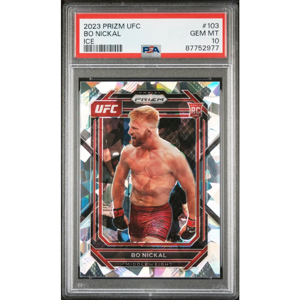 Graded PSA 10 2023 Panini Prizm UFC Bo Nickal Ice Rookie Card Holographic Design