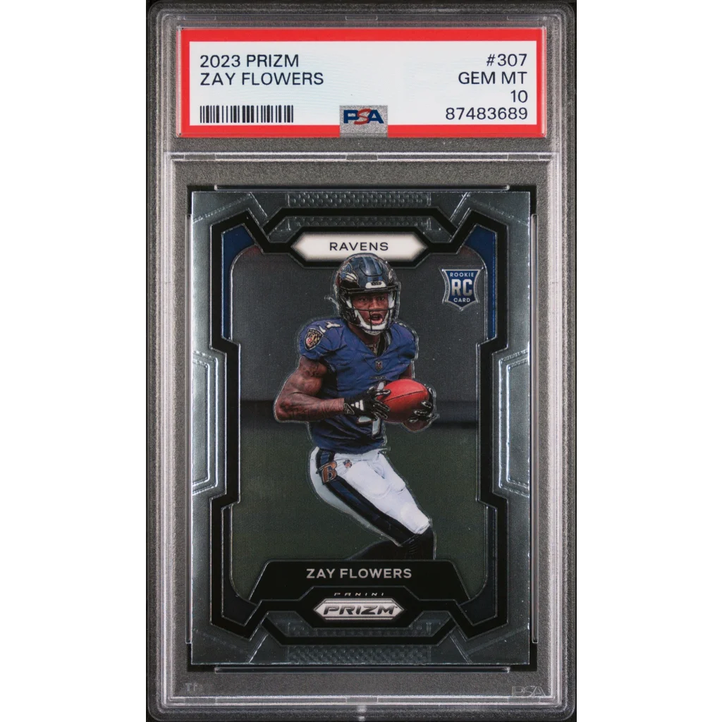 PSA graded Zay Flowers 2023 Panini Prizm rookie football card image