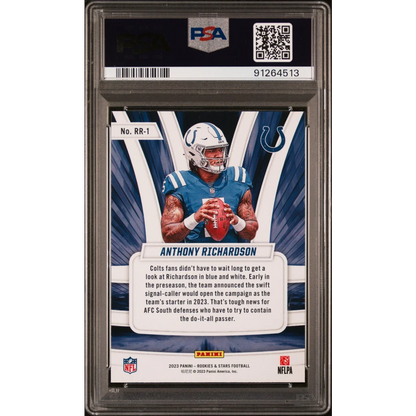 Graded 2023 Panini Rookies & Stars Anthony Richardson #RR1 Rookie Rush Rookie RC Football Card PSA 10 Gem Mint | PSA 10 Gem Mint Graded Rookie Card | vintageantiquesgifts.com