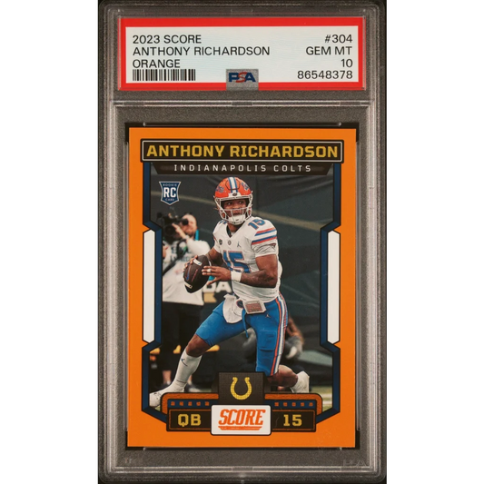 A graded 2023 Score Anthony Richardson Orange Rookie Card in PSA holder