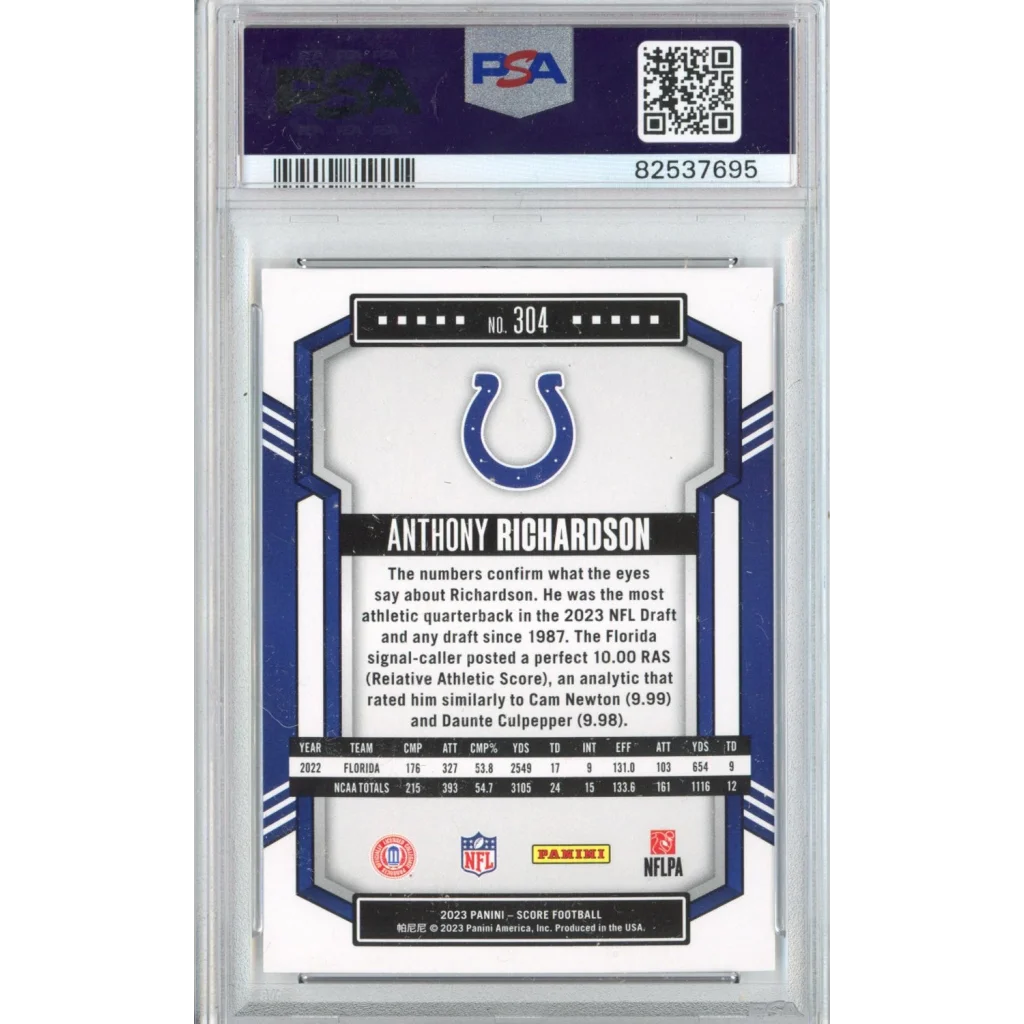 Graded 2023 Panini Score Anthony Richardson #304 Rookie RC Football Card PSA 10 Gem Mint | PSA 10 Gem Mint Graded Rookie Card | vintageantiquesgifts.com