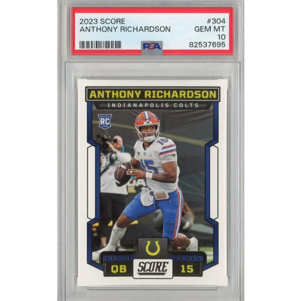PSA graded 2023 Score Anthony Richardson rookie football card on display