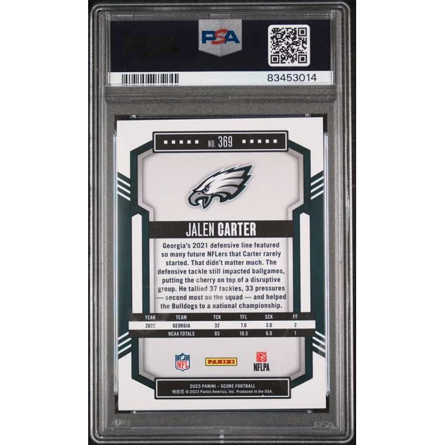 PSA Graded Jalen Carter Gold Zone Rookie Football Card on display