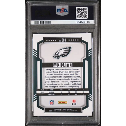 PSA Graded Jalen Carter Gold Zone Rookie Football Card on display