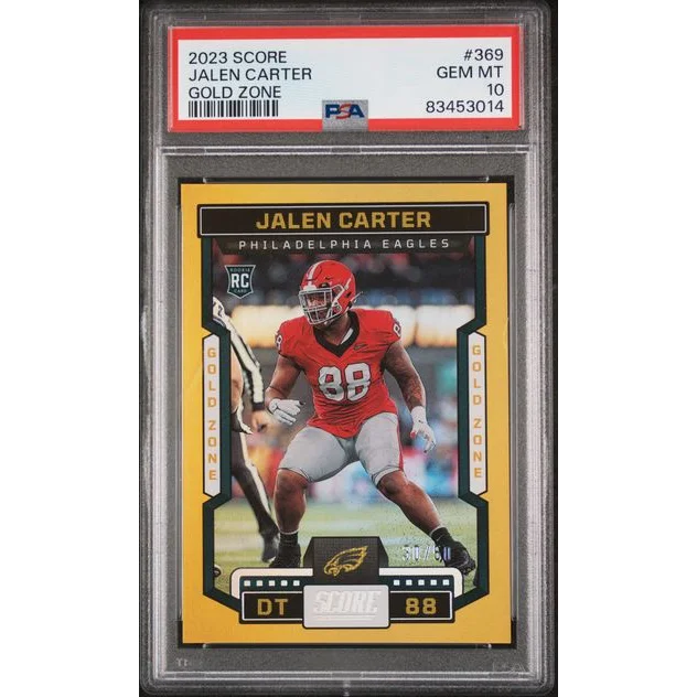 PSA graded Jalen Carter Gold Zone rookie football card on display