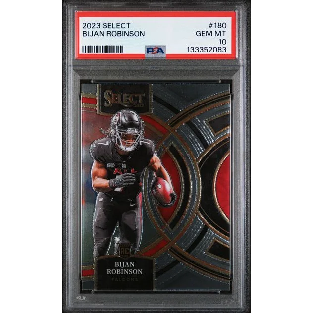 Graded 2023 panini select bijan robinson #180 rookie football card in black uniform encased in psa gem mint 10 slab