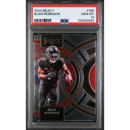 Graded 2023 panini select bijan robinson #180 rookie football card in black uniform encased in psa gem mint 10 slab