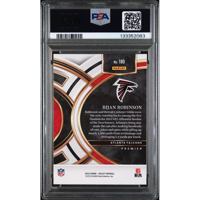 Graded 2023 panini select bijan robinson rookie football card psa 10 gem mint in black red and gold colors