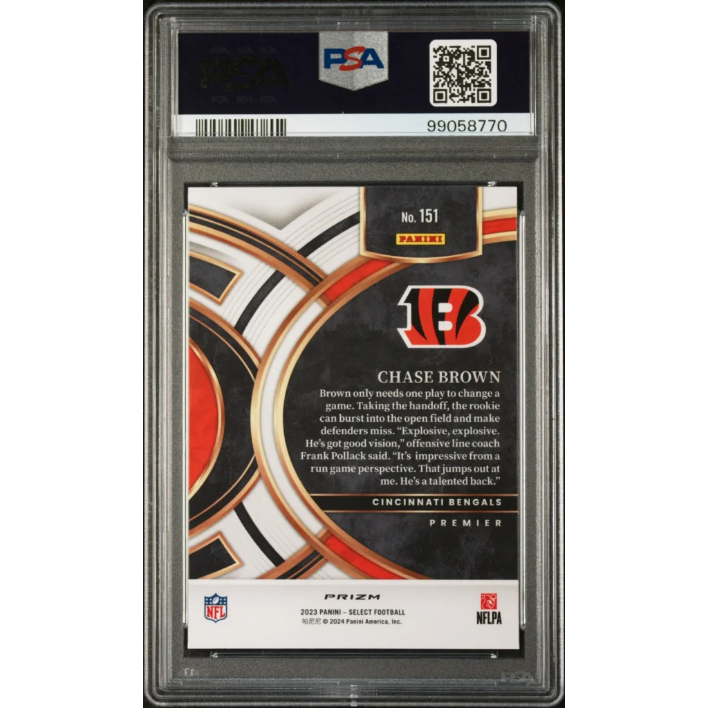 Graded 2023 Panini Select Chase Brown #151 Silver Prizm Rookie RC Football Card PSA 10 Gem Mint | PSA 10 Gem Mint Graded Rookie Card | vintageantiquesgifts.com