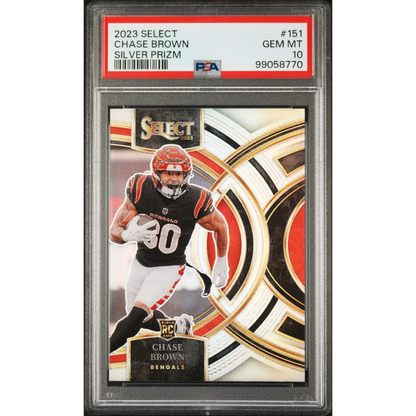 PSA Graded 2023 Chase Brown Silver Prizm football card ready to dominate