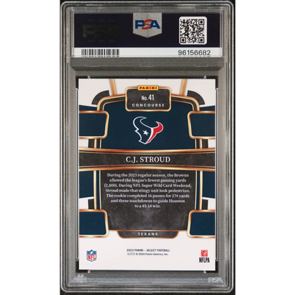 Back of a graded C.J. Stroud Panini Select football card in a professional sports authenticator case