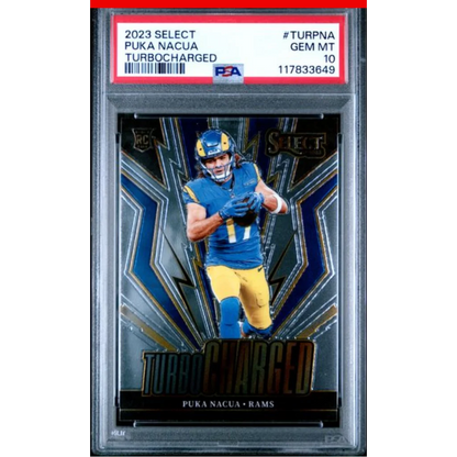 Graded 2023 Panini Select Puka Nacua #TURPNA Turbocharged Rookie RC Football Card PSA 10 Gem Mint