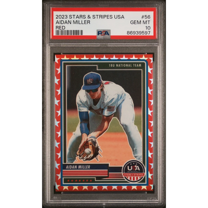 Graded PSA 10 Gem Mint 2023 Panini Stars & Stripes Aidan Miller #56 Red Rookie
