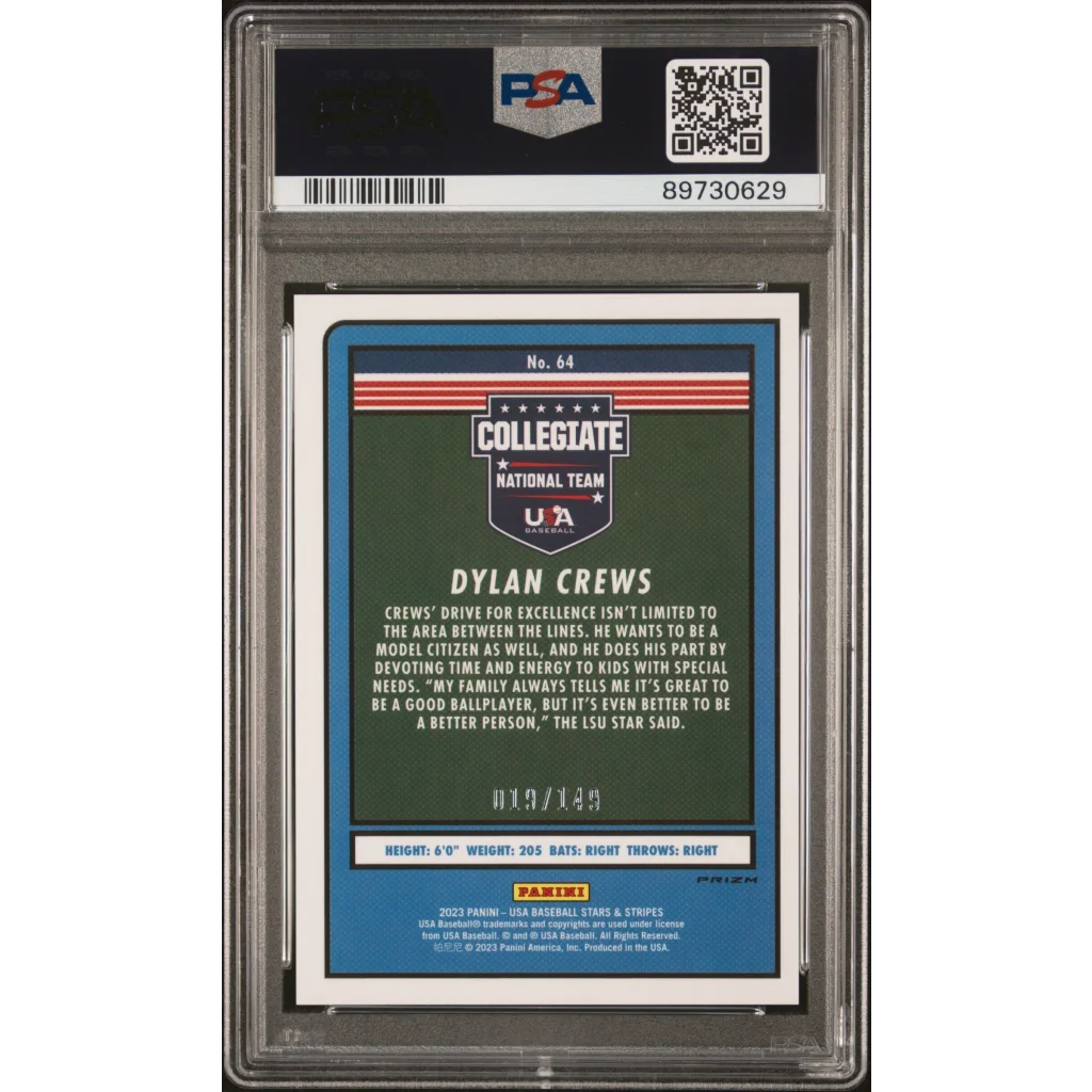 Graded 2023 Panini Stars & Stripes USA Dylan Crews #64 Red #/149 Rookie RC Baseball Card PSA 10 Gem Mint | PSA 10 Gem Mint Graded Rookie Card | vintageantiquesgifts.com
