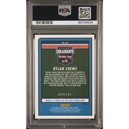Graded 2023 Panini Stars & Stripes USA Dylan Crews #64 Red #/149 Rookie RC Baseball Card PSA 10 Gem Mint | PSA 10 Gem Mint Graded Rookie Card | vintageantiquesgifts.com