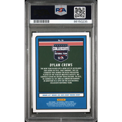 Graded 2023 Panini Stars & Stripes USA Dylan Crews #86 Rookie RC Baseball Card PSA 10 Gem Mint | PSA 10 Gem Mint Graded Rookie Card | vintageantiquesgifts.com