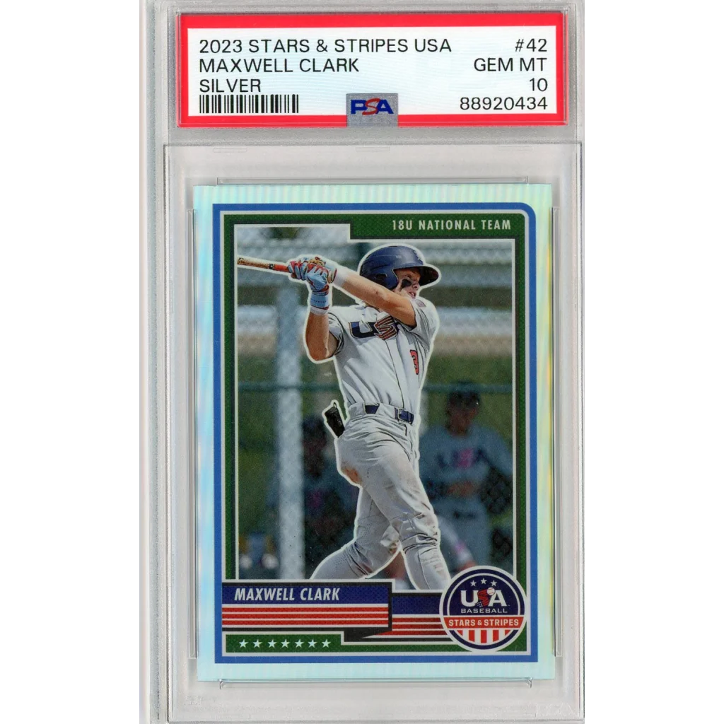 Graded 2023 Maxwell Clark Stars & Stripes USA Silver Baseball Card in PSA case