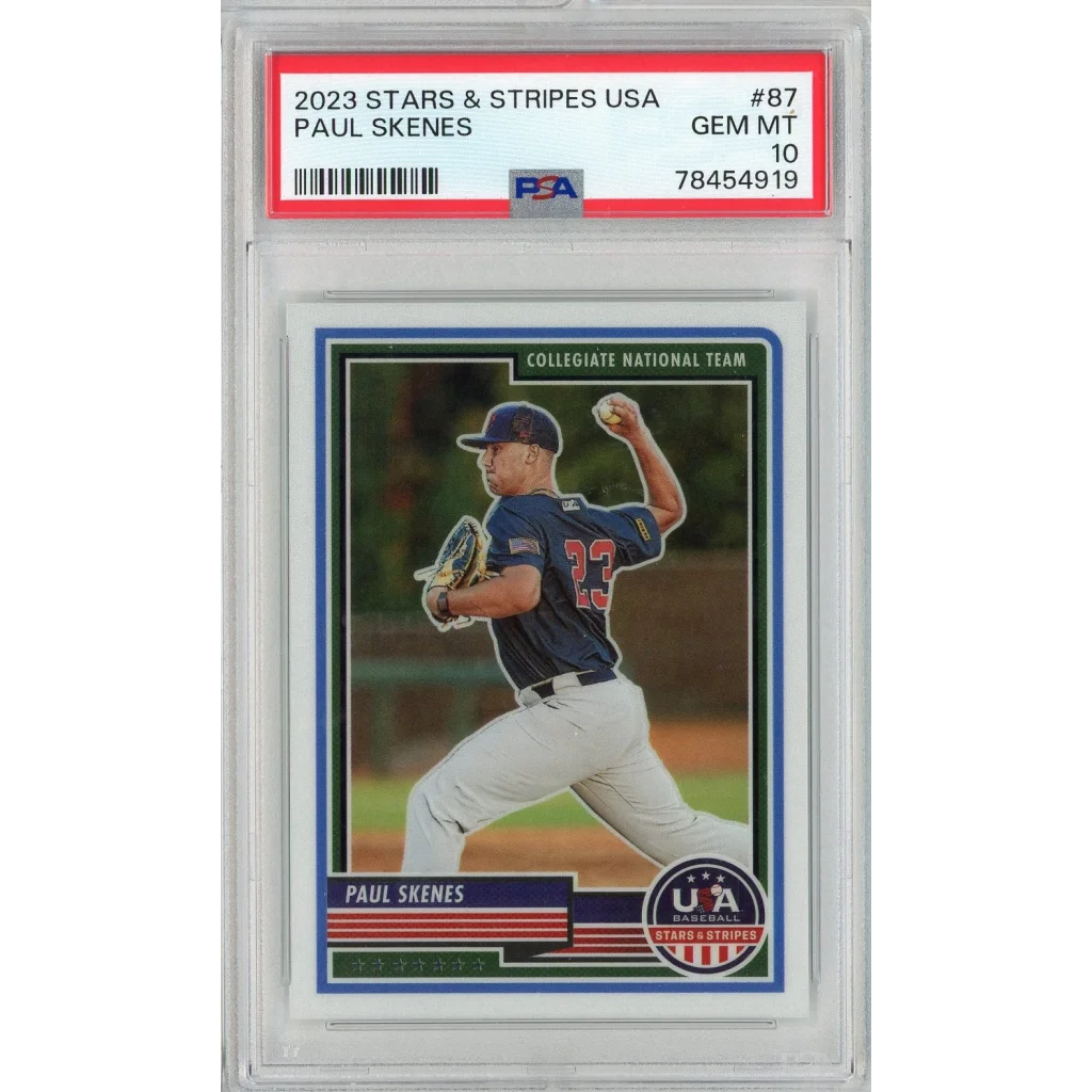 PSA Graded Paul Skenes 2023 Stars & Stripes USA Baseball Card on display