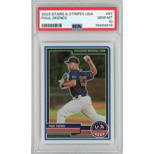 PSA Graded Paul Skenes 2023 Stars & Stripes USA Baseball Card on display