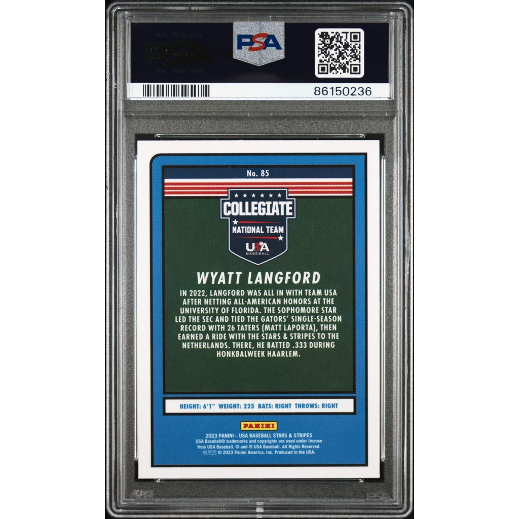 Graded PSA 10 Wyatt Langford 2023 Stars & Stripes Rookie Card on display