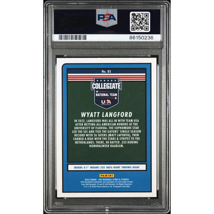 Graded PSA 10 Wyatt Langford 2023 Stars & Stripes Rookie Card on display