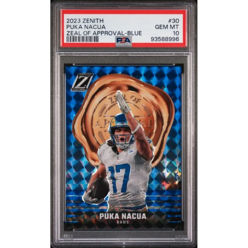 Graded 2023 Panini Zenith Puka Nacua 30 Zeal of Approval Blue Rookie RC Football Card PSA 10 Gem Mint | Hall of Fame Sports Memorabilia | vintageantiquesgifts.com