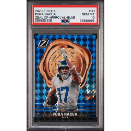 Graded 2023 Panini Zenith Puka Nacua 30 Zeal of Approval Blue Rookie RC Football Card PSA 10 Gem Mint | Hall of Fame Sports Memorabilia | vintageantiquesgifts.com