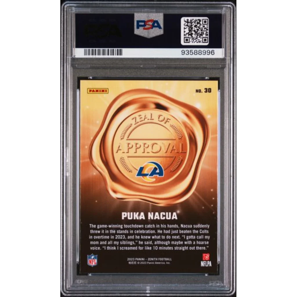 Graded 2023 Panini Zenith Puka Nacua 30 Zeal of Approval Blue Rookie RC Football Card PSA 10 Gem Mint | PSA 10 Gem Mint Graded Rookie Card | vintageantiquesgifts.com