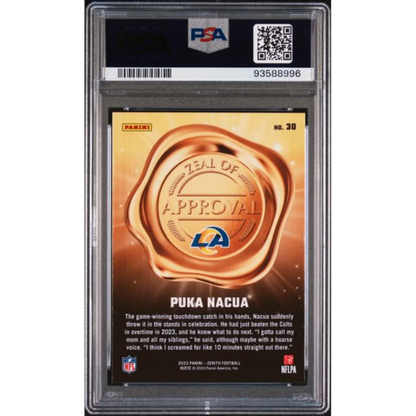 Graded 2023 Panini Zenith Puka Nacua 30 Zeal of Approval Blue Rookie RC Football Card PSA 10 Gem Mint | PSA 10 Gem Mint Graded Rookie Card | vintageantiquesgifts.com