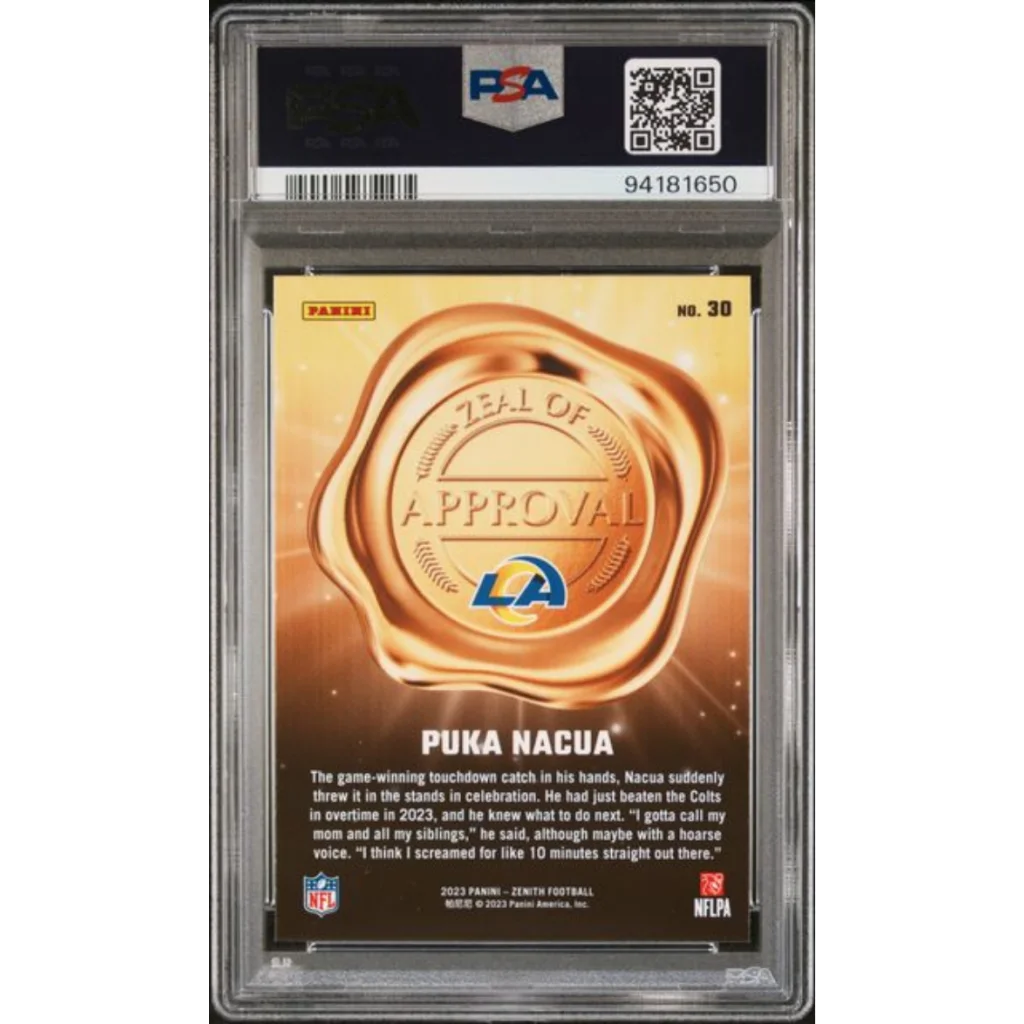 Graded 2023 Panini Zenith Puka Nacua 30 Zeal of Approval Red Rookie RC Football Card PSA 10 Gem Mint | PSA 10 Gem Mint Graded Rookie Card | vintageantiquesgifts.com