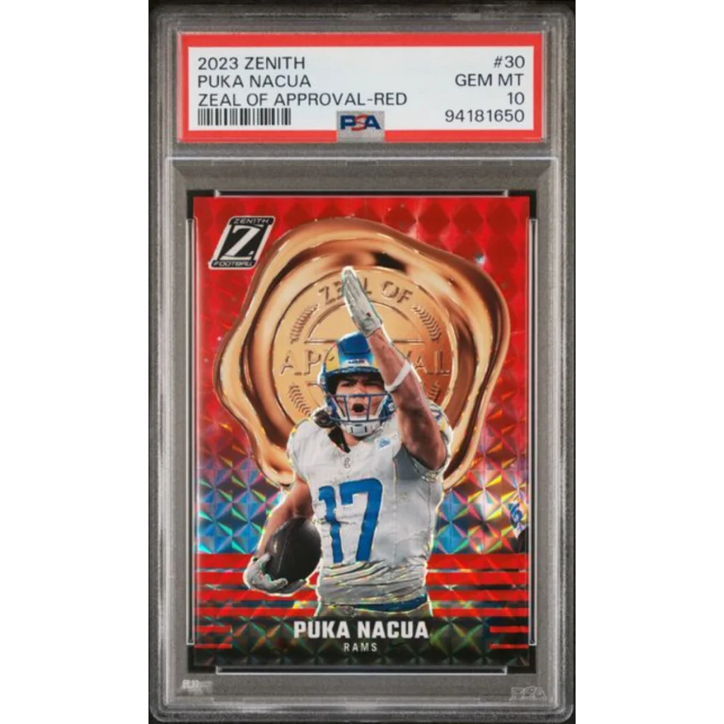Graded 2023 Panini Zenith Puka Nacua 30 Zeal of Approval Red Rookie RC Football Card PSA 10 Gem Mint | Hall of Fame Sports Memorabilia | vintageantiquesgifts.com