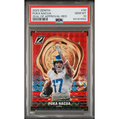 Graded 2023 Panini Zenith Puka Nacua 30 Zeal of Approval Red Rookie RC Football Card PSA 10 Gem Mint | Hall of Fame Sports Memorabilia | vintageantiquesgifts.com