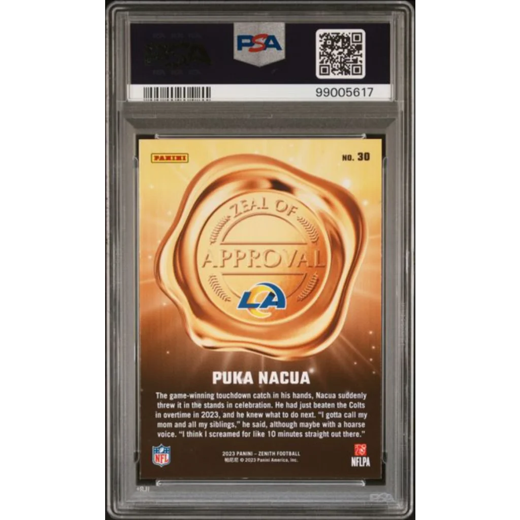 Graded 2023 Panini Zenith Puka Nacua #30 Zeal of Approval Rookie RC Football Card PSA 10 Gem Mint | PSA 10 Gem Mint Graded Rookie Card | vintageantiquesgifts.com