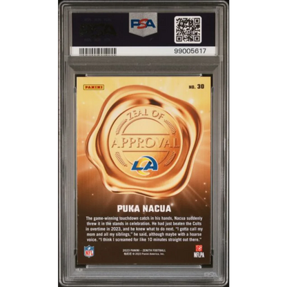 Graded 2023 Panini Zenith Puka Nacua #30 Zeal of Approval Rookie RC Football Card PSA 10 Gem Mint | PSA 10 Gem Mint Graded Rookie Card | vintageantiquesgifts.com