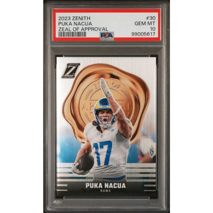 Graded 2023 Panini Zenith Puka Nacua #30 Zeal of Approval Rookie RC Football Card PSA 10 Gem Mint | Hall of Fame Sports Memorabilia | vintageantiquesgifts.com
