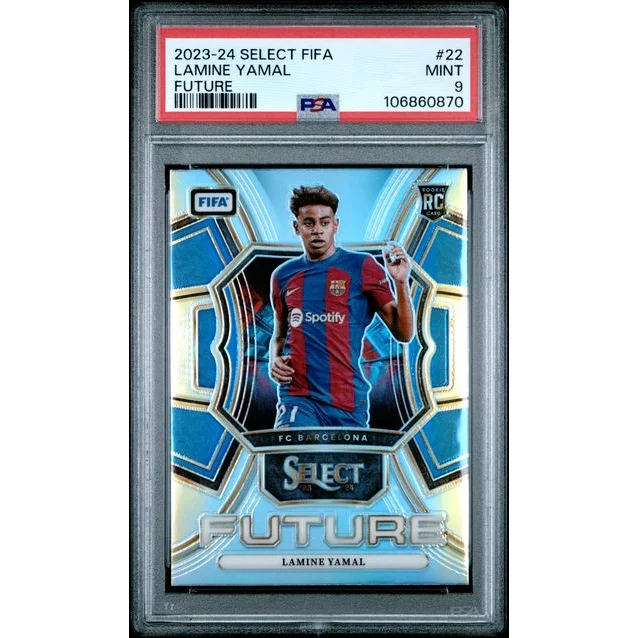A graded 2023-24 Select FIFA Lamine Yamal Future Soccer Card in PSA case