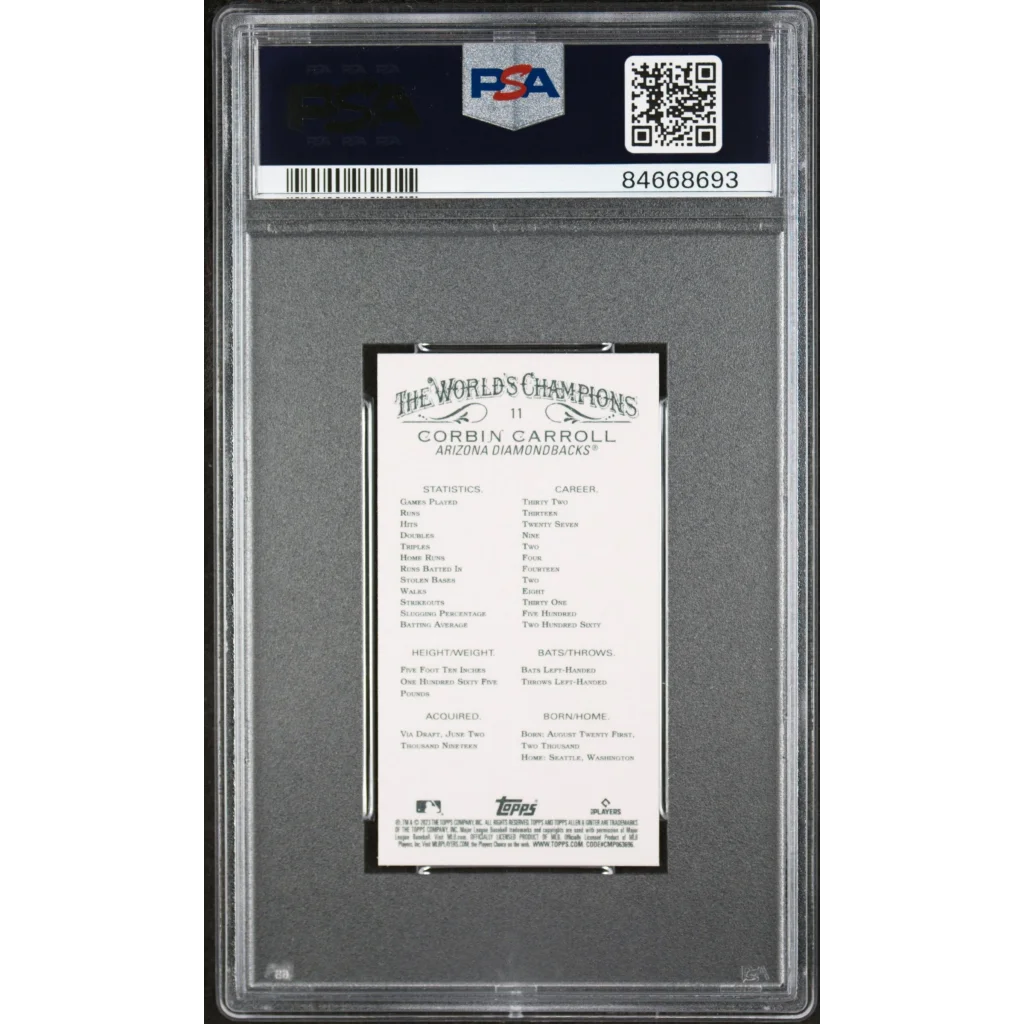 Graded 2023 Topps Allen & Ginter Corbin Carroll #11 Mini Rookie RC Baseball Card PSA 10 Gem Mint | PSA 10 Gem Mint Graded Rookie Card | vintageantiquesgifts.com
