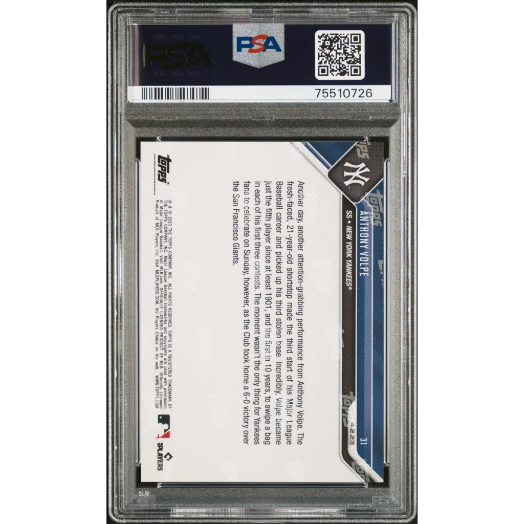 Graded 2023 Topps Now Anthony Volpe #31 Rookie RC Baseball Card PSA 10 Gem Mint | PSA 10 Gem Mint Graded Rookie Card | vintageantiquesgifts.com