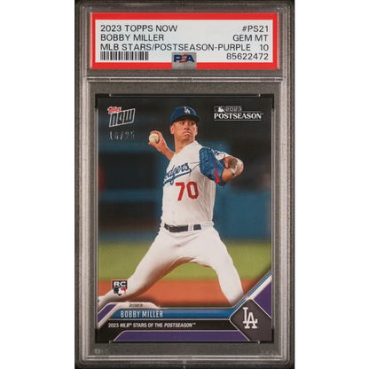 Sports card featuring Bobby Miller Topps Now Purple Postseason Gem Mint PSA graded