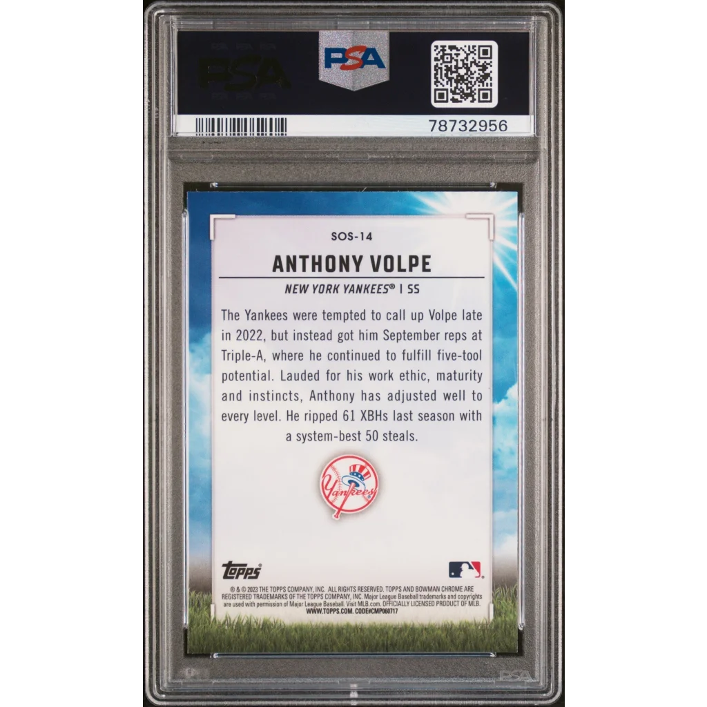 A graded Anthony Volpe 2023 Bowman Chrome Sights on September baseball card in product display