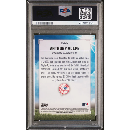 A graded Anthony Volpe 2023 Bowman Chrome Sights on September baseball card in product display
