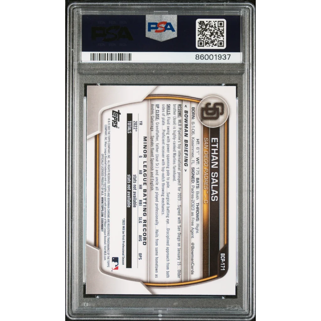 Graded 2023 Topps Bowman Chrome Ethan Salas #BCP171 Prospects Rookie RC Baseball Card PSA 10 Gem Mint | PSA 10 Gem Mint Graded Rookie Card | vintageantiquesgifts.com