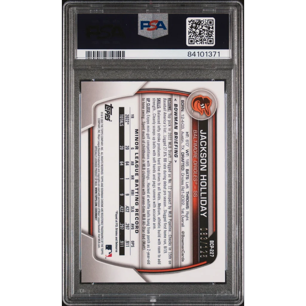 Graded PSA 10 Jackson Holliday 2023 Bowman Chrome Aqua Prospects Card