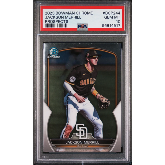 2023 Bowman Chrome Jackson Merrill Prospects baseball card graded PSA GEM MT 10