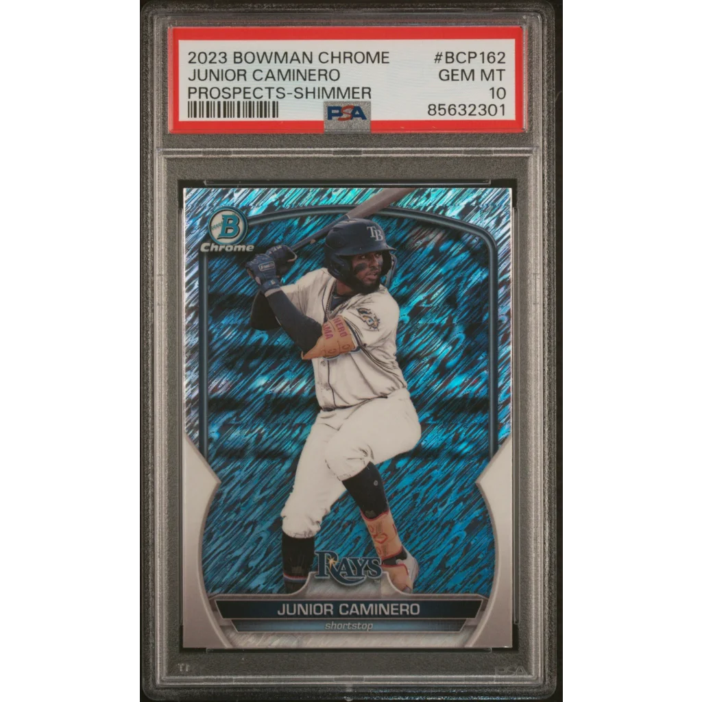 Graded PSA 10 2023 Bowman Chrome Junior Caminero #BCP162 Shimmer Rookie Rays Card